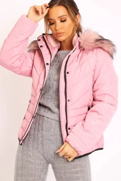 Rebellious Fashion Pink Fur Trim Quilted Puffer Coat - Lania