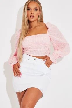 Rebellious Fashion Pink Gingham Square Neckline Crop Top - Amora