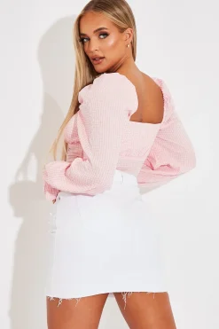 Rebellious Fashion Pink Gingham Square Neckline Crop Top - Amora