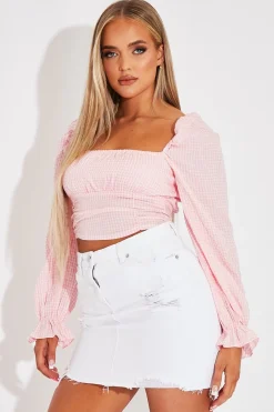 Rebellious Fashion Pink Gingham Square Neckline Crop Top - Amora