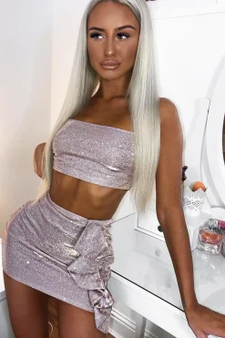 Rebellious Fashion Pink Glitter Crop Top Ruffle Skirt Co-ord - Faith