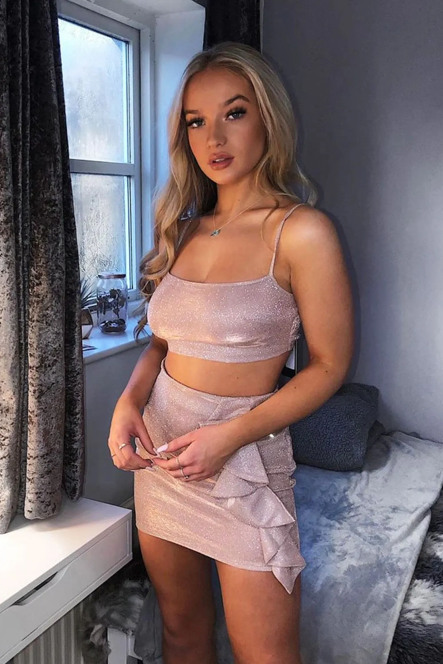 Rebellious Fashion Pink Glitter Crop Top Ruffle Skirt Co-ord - Faith