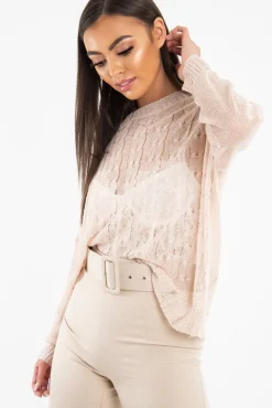 Rebellious Fashion Pink Glitter Net Cable Knit Jumper - Cordia