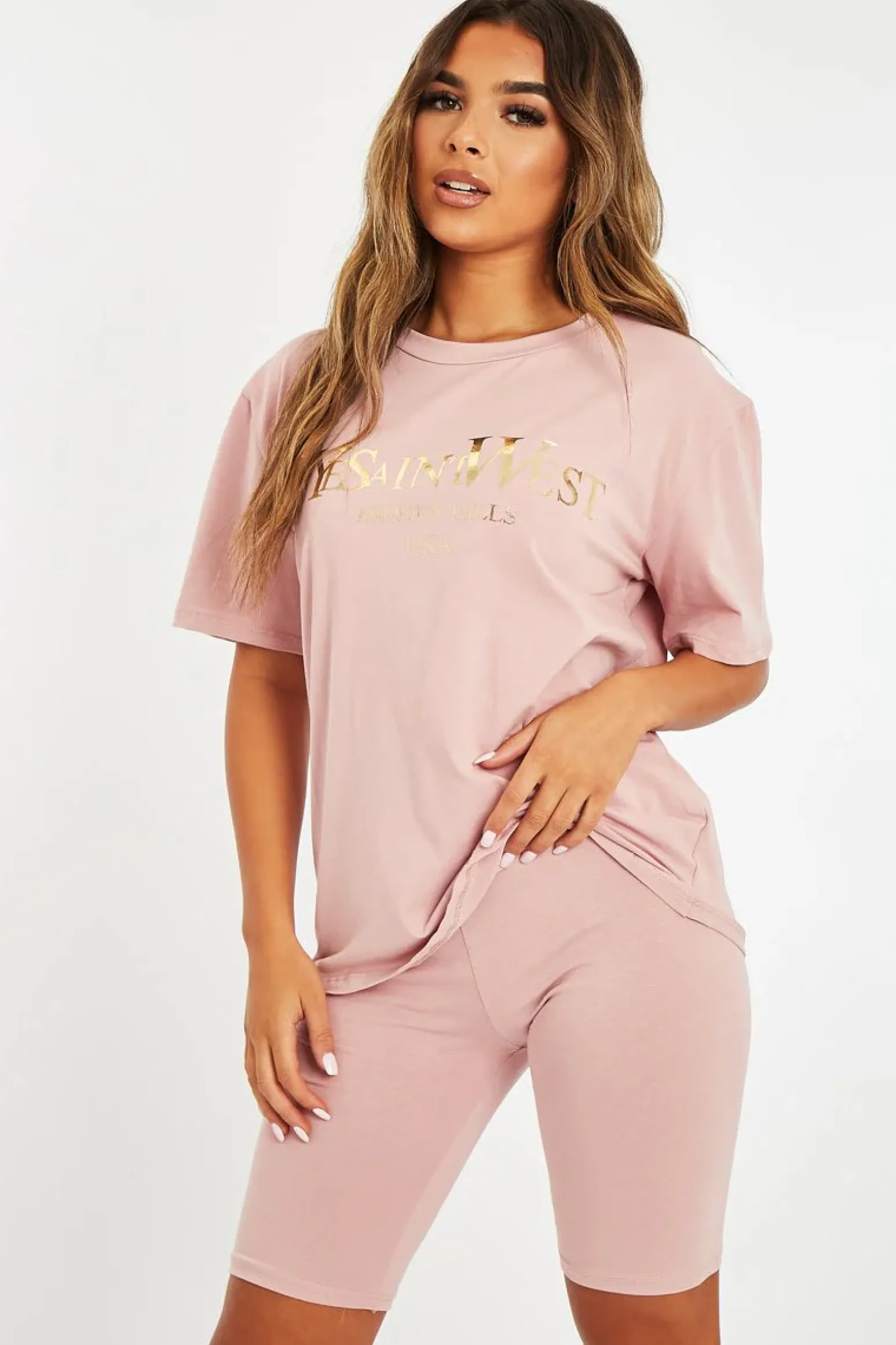 Rebellious Fashion Pink Gold Beverly Hills T-shirt Cycling Shorts Co-ord - Laura