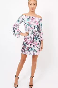Rebellious Fashion Pink Graphic Floral Off Shoulder Frill Dress - Arleen