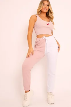 Rebellious Fashion Pink Half White Elasticated Waist Joggers - Dasha