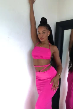 Rebellious Fashion Pink Halter Neck Crop Top & Tie Waist Ruched Bum Maxi Skirt Set - Tilly