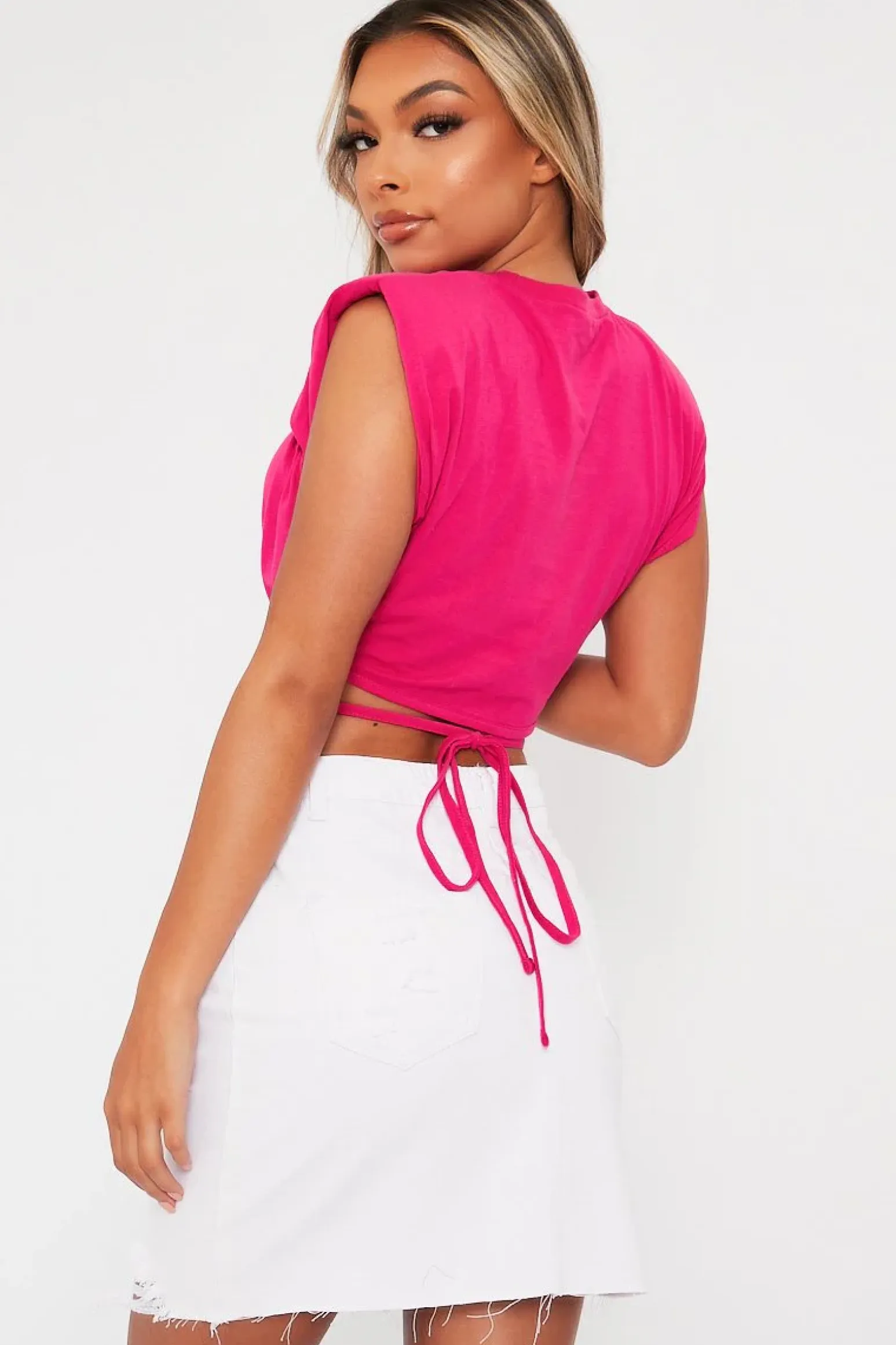 Rebellious Fashion Pink Hem Tie Shoulder Pad Crop Top - Riya