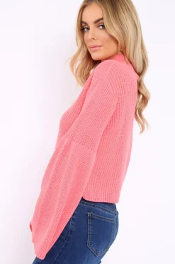 Rebellious Fashion Pink High Neck Flared Sleeve Jumper - Aloni
