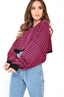 Rebellious Fashion Pink Hounds Tooth Cropped Batwing Jumper - Lizy