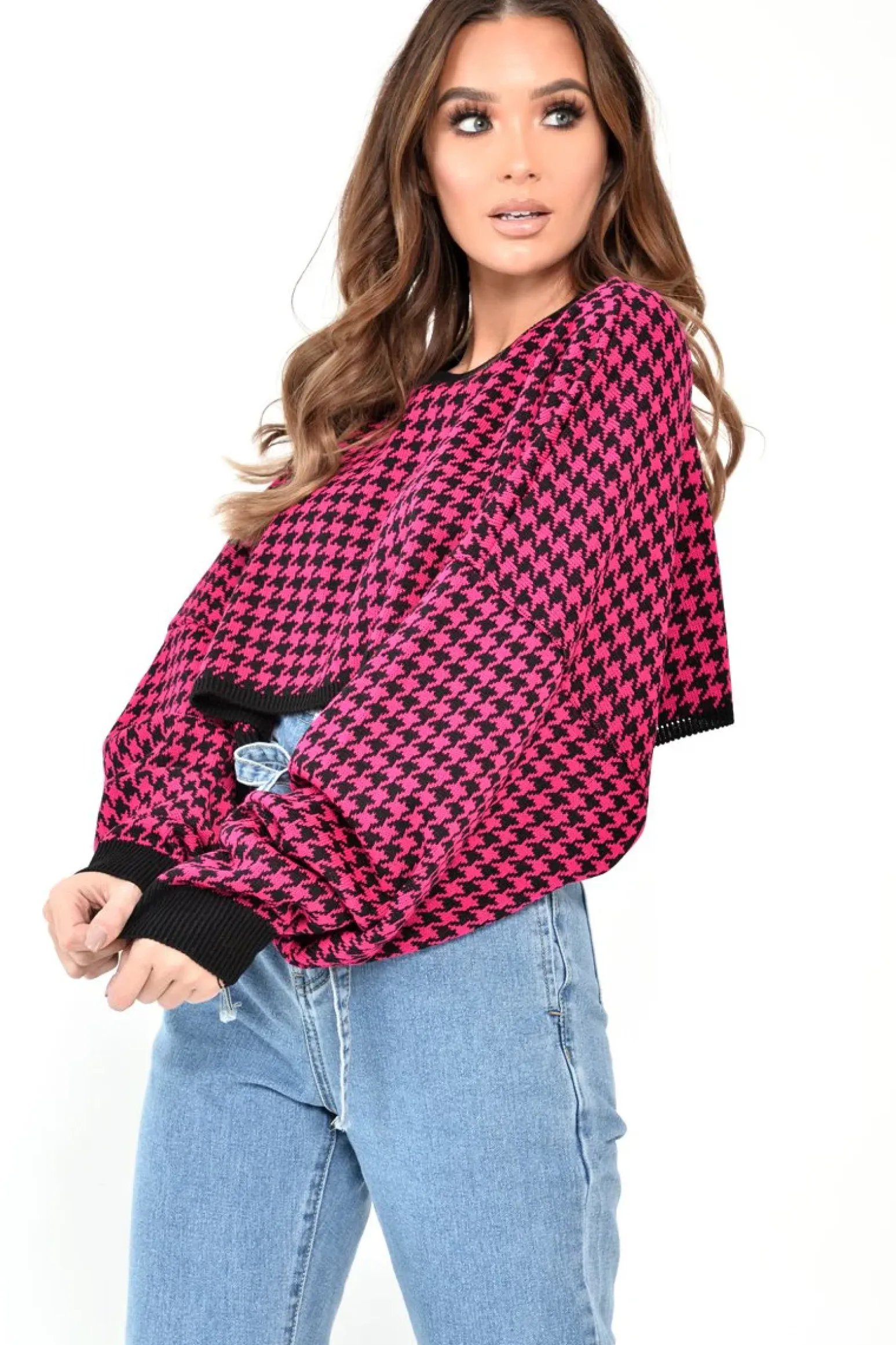 Rebellious Fashion Pink Hounds Tooth Cropped Batwing Jumper - Lizy