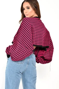 Rebellious Fashion Pink Hounds Tooth Cropped Batwing Jumper - Lizy