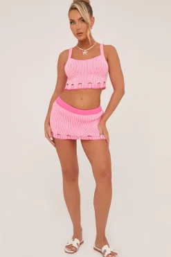 Rebellious Fashion Pink Knit Laddering Effect Cropped Top & Mini Skirt Co-ord Set - Amelia