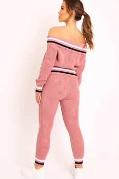 Rebellious Fashion Pink Knitted Bardot Jumper Legging Loungewear Co-ord - Neala