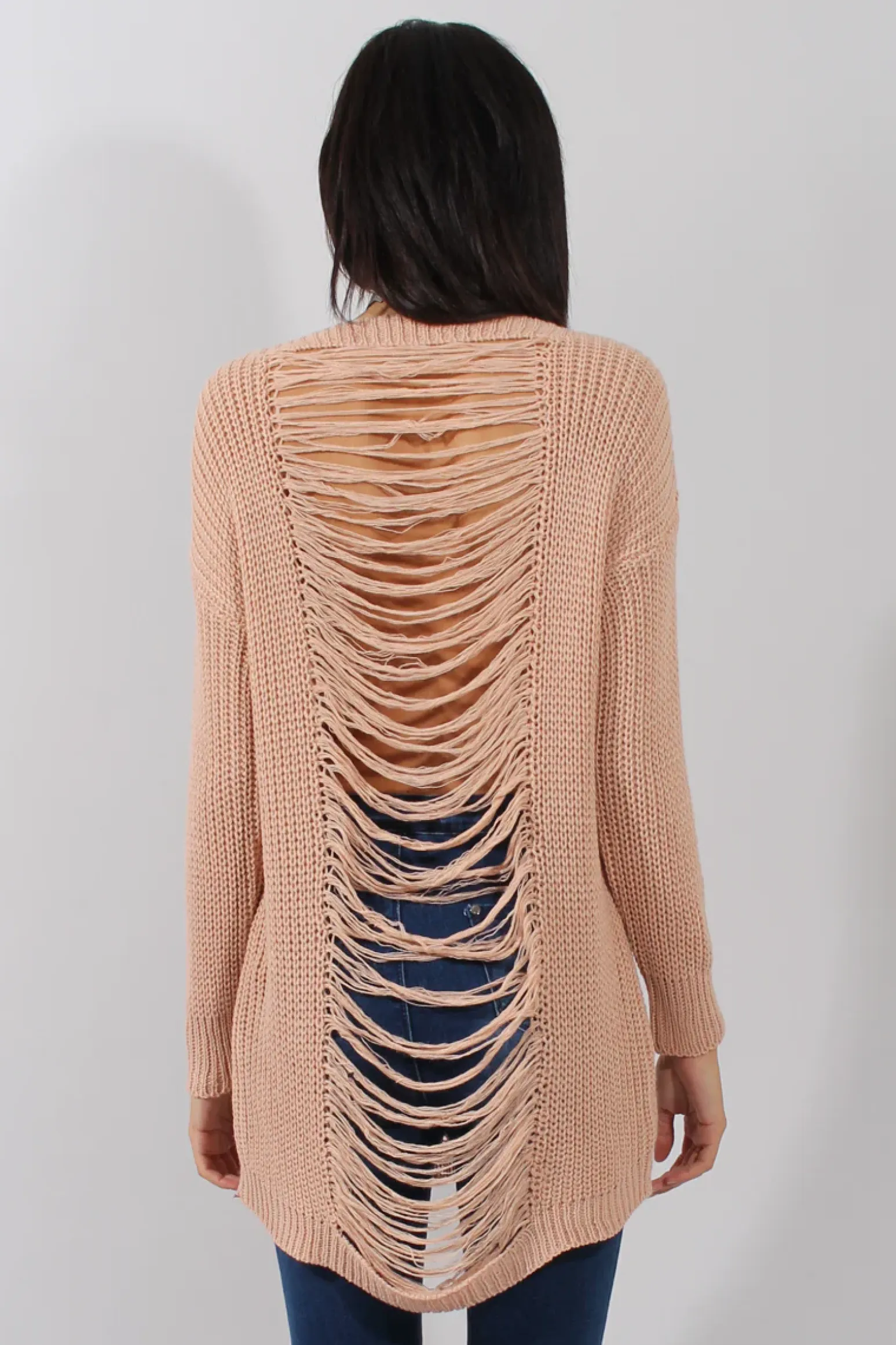 Rebellious Fashion Pink Knitted Distressed Back Jumper Dress - Cara
