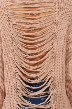 Rebellious Fashion Pink Knitted Distressed Back Jumper Dress - Cara