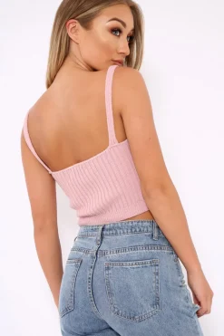 Rebellious Fashion Pink Knitted Plunge Front Vest Top - Jenova