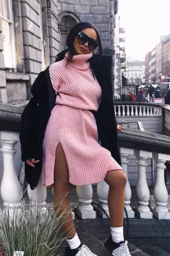 Rebellious Fashion Pink Knitted Roll Neck Jumper Dress - Cecily