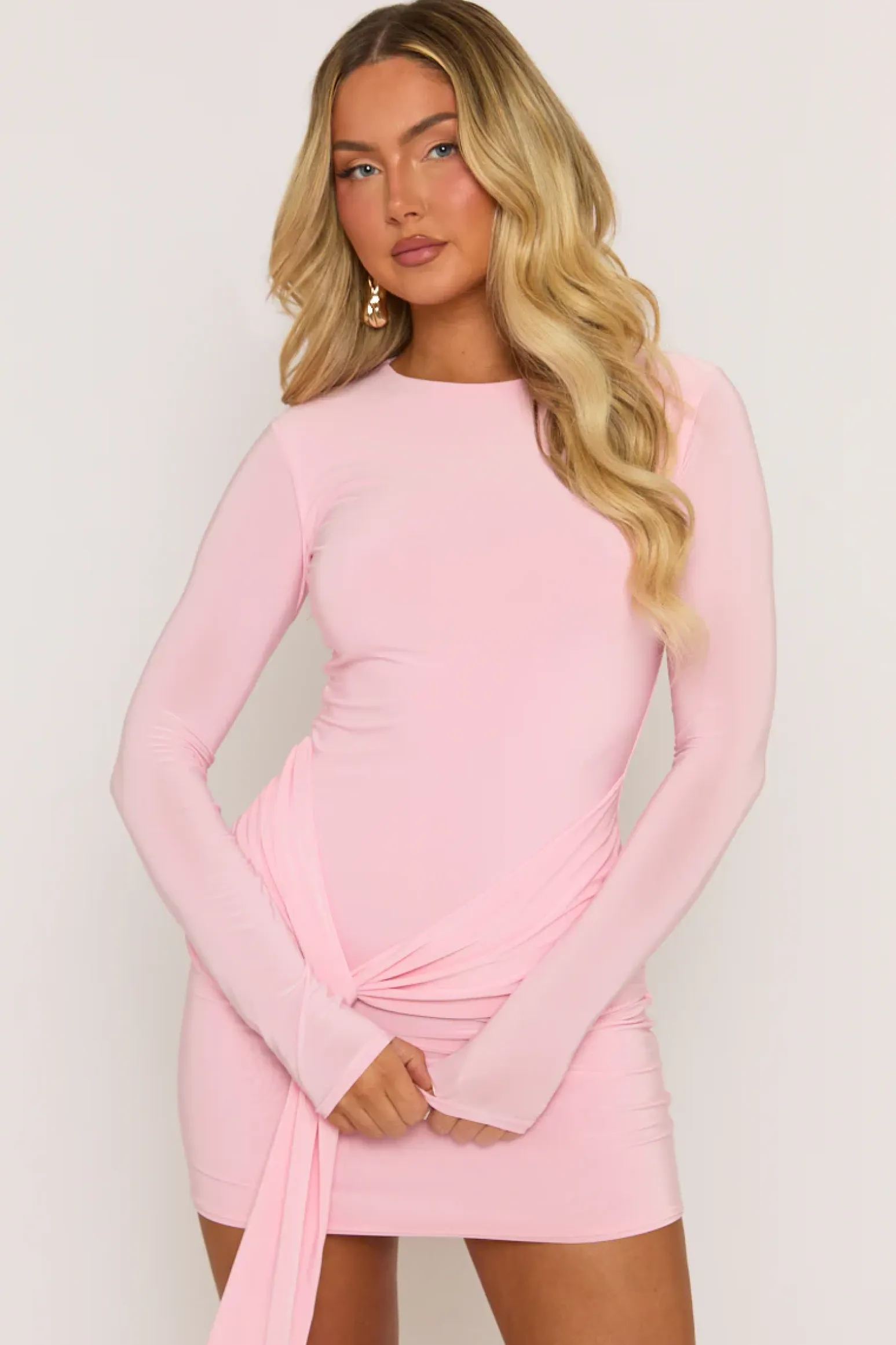 Rebellious Fashion Pink Knot Front Long Sleeve Mini Dress - Juliet