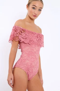 Rebellious Fashion Pink Lace Bardot Bodysuit - Rae