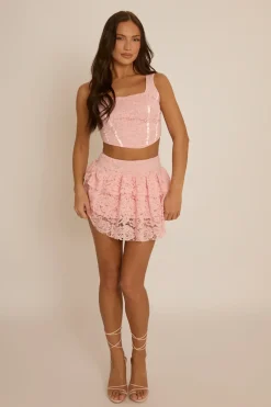 Rebellious Fashion Pink Lace Corset and Ruffle Mini Skirt Co-Ord- Ariel