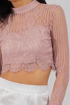 Rebellious Fashion Pink Lace High Neck Crop Top - Luanne