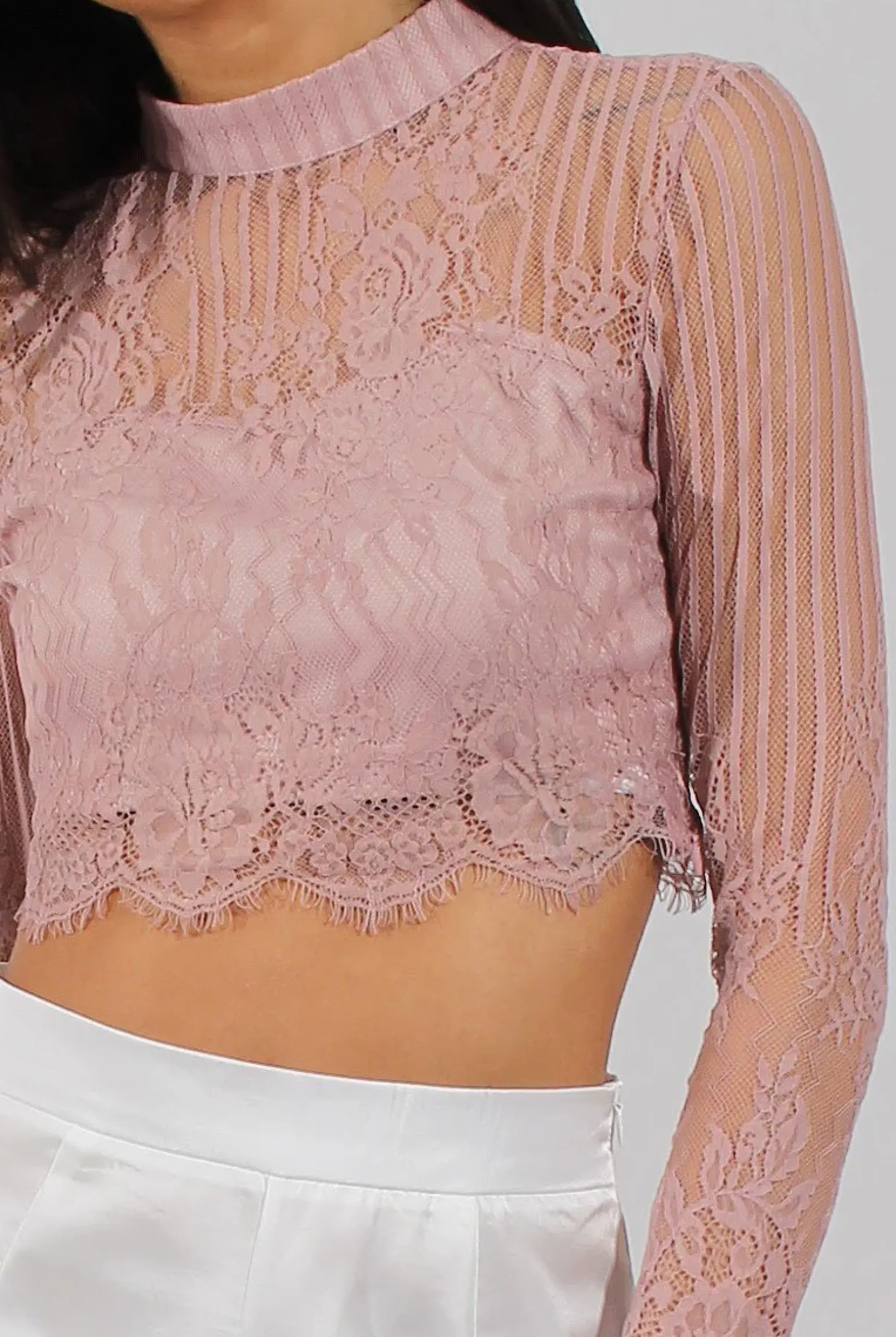Rebellious Fashion Pink Lace High Neck Crop Top - Luanne