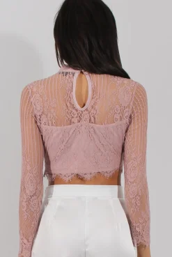 Rebellious Fashion Pink Lace High Neck Crop Top - Luanne