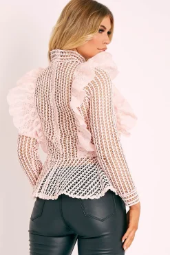 Rebellious Fashion Pink Lace High Neck Zip Back Blouse - Abree