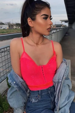 Rebellious Fashion Pink Lace Hook Front Bodysuit - Sabrina