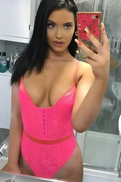Rebellious Fashion Pink Lace Hook Front Bodysuit - Sabrina