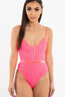 Rebellious Fashion Pink Lace Hook Front Bodysuit - Sabrina