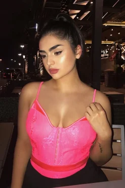 Rebellious Fashion Pink Lace Hook Front Bodysuit - Sabrina