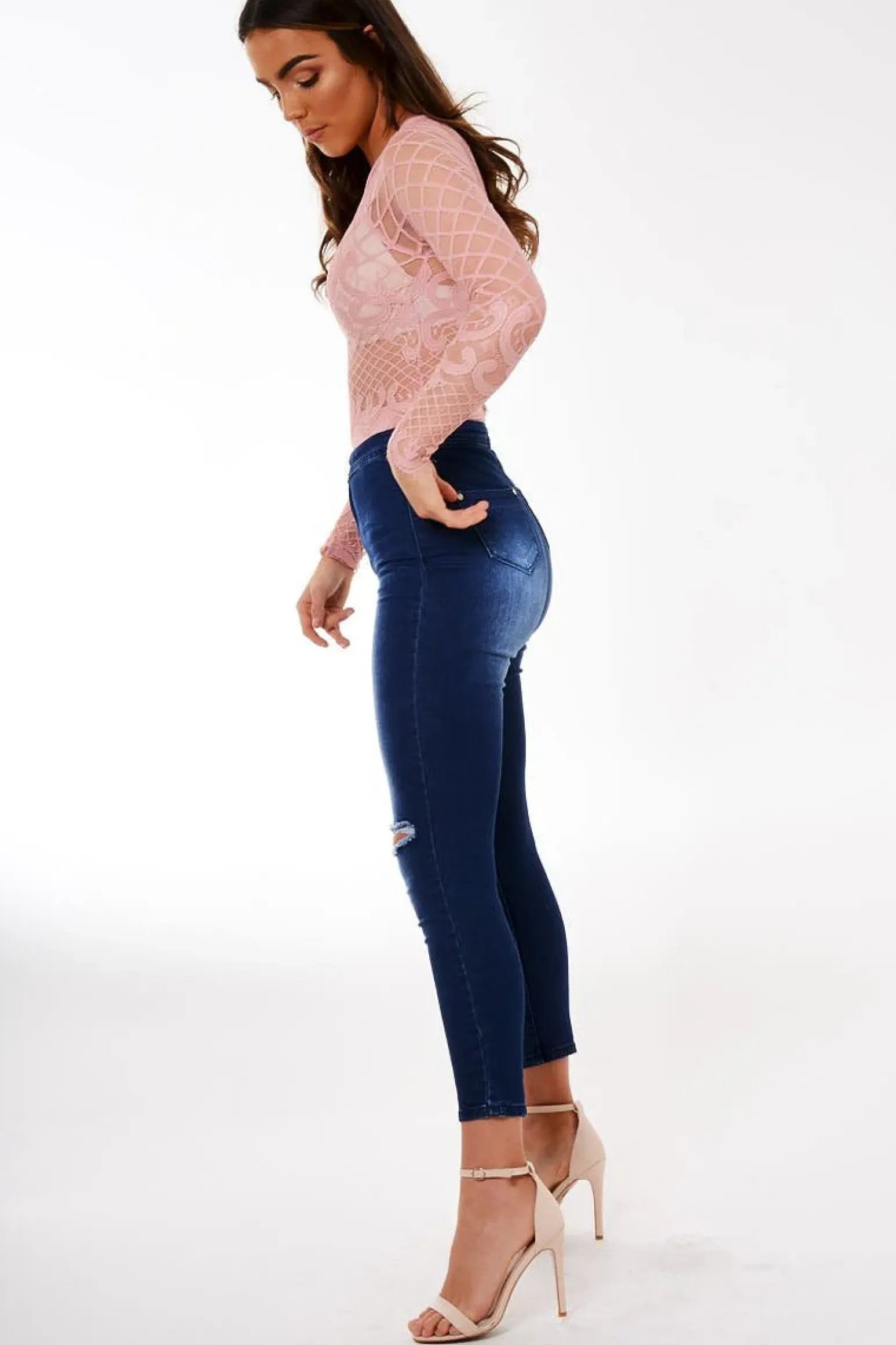 Rebellious Fashion Pink Lace Long Sleeve Bodysuit - Kirsty