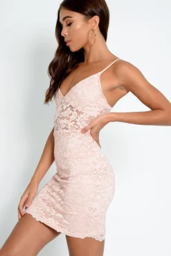 Rebellious Fashion Pink Lace Plunge Bodycon Dress - Kally