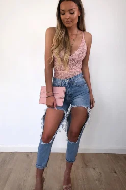 Rebellious Fashion Pink Lace Plunge Bodysuit - Paola
