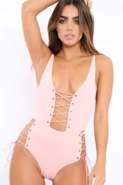 Rebellious Fashion Pink Lace Up Front And Side Bodysuit - Lux