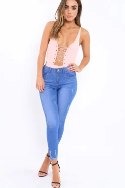 Rebellious Fashion Pink Lace Up Front And Side Bodysuit - Lux
