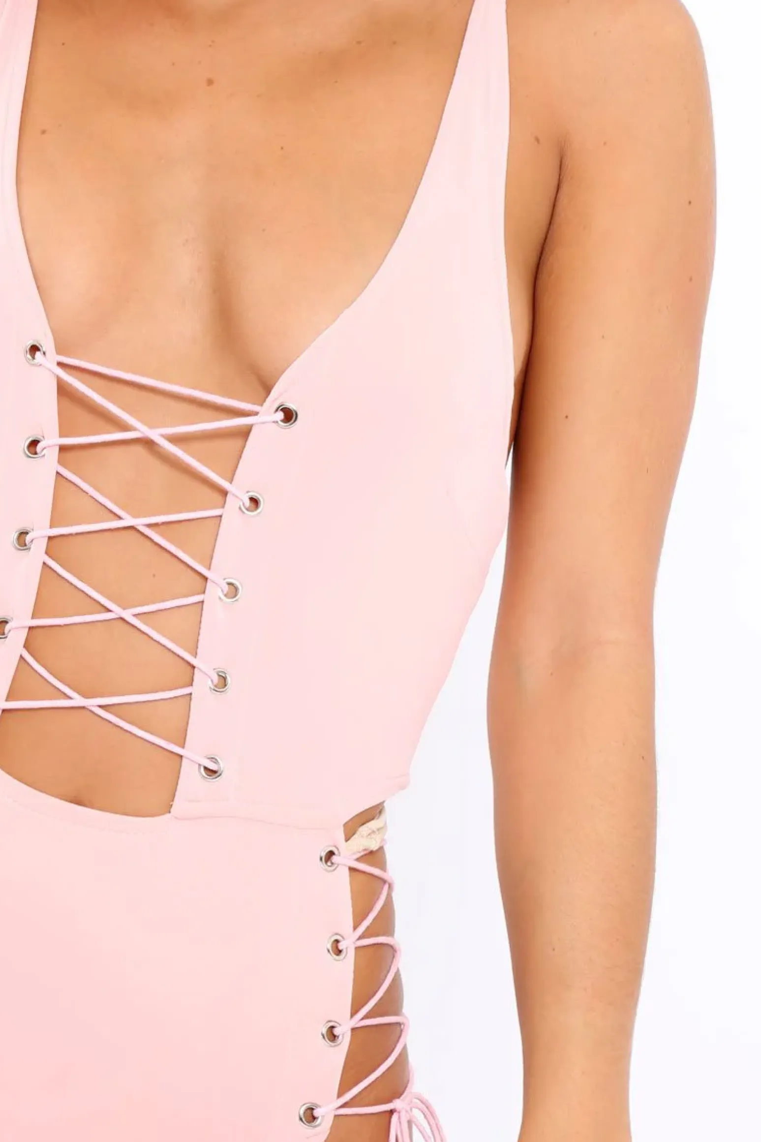 Rebellious Fashion Pink Lace Up Front And Side Bodysuit - Lux