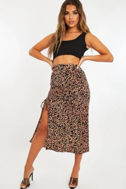 Rebellious Fashion Pink Leopard Front Ruched Midi Skirt - Esmie