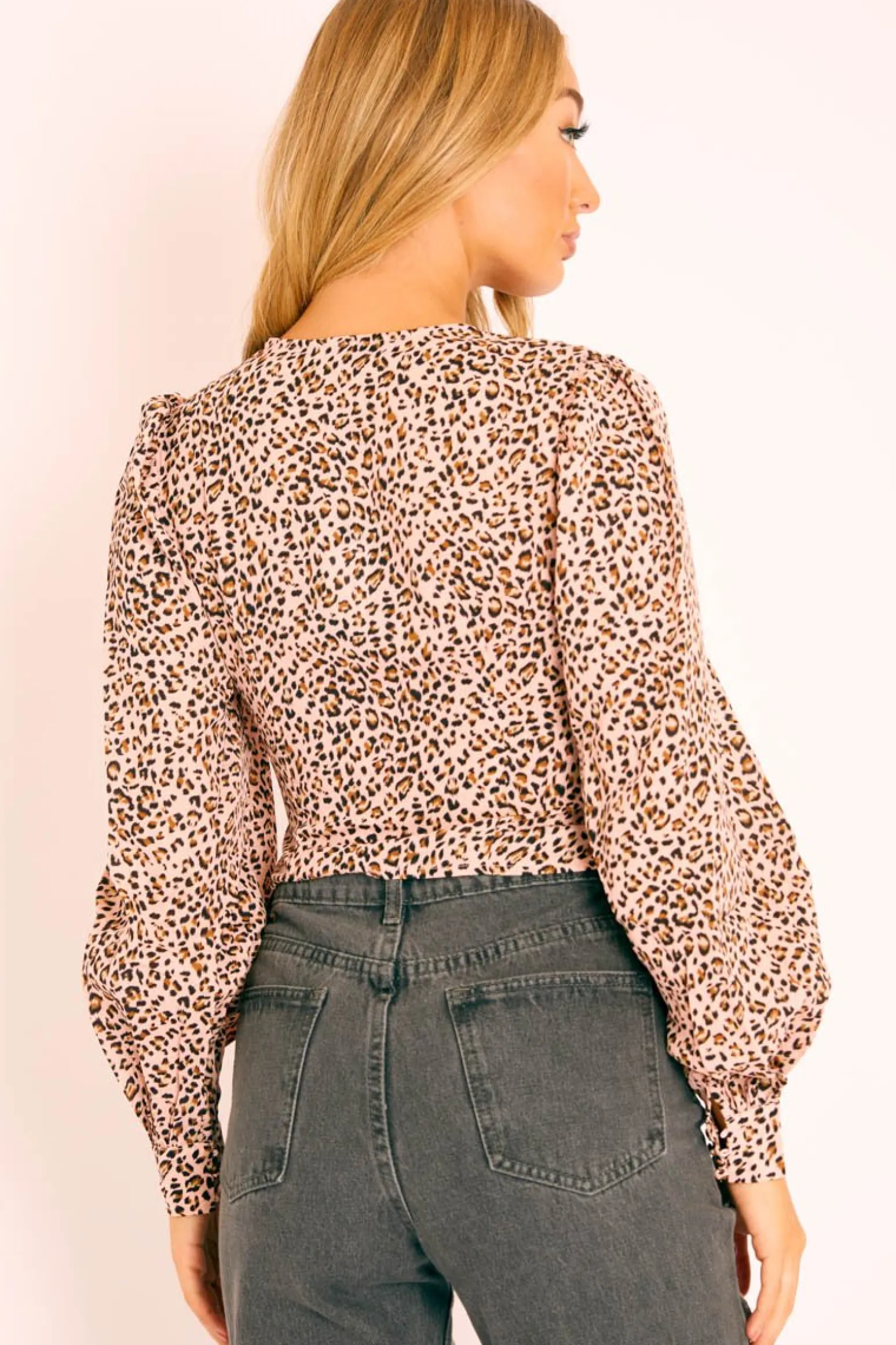 Rebellious Fashion Pink Leopard Print Plunge Button Blouse - Polly