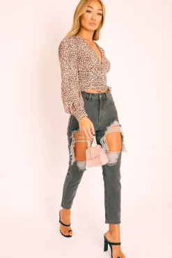 Rebellious Fashion Pink Leopard Print Plunge Button Blouse - Polly