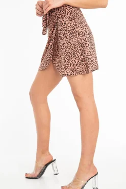 Rebellious Fashion Pink Leopard Print Ruffle Front Tie Mini Skirt - Hilda