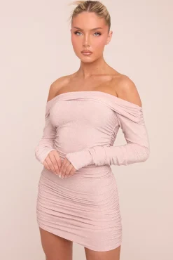 Rebellious Fashion Pink Lurex Bardot Ruched Bodycon Mini Dress - Vivian