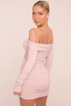 Rebellious Fashion Pink Lurex Bardot Ruched Bodycon Mini Dress - Vivian