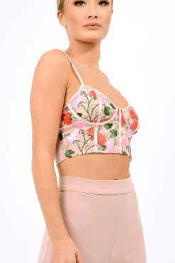 Rebellious Fashion Pink Mesh Embroidered Cami Crop Top - Thalia