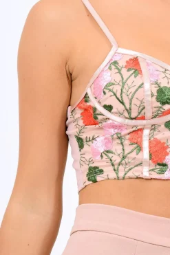 Rebellious Fashion Pink Mesh Embroidered Cami Crop Top - Thalia