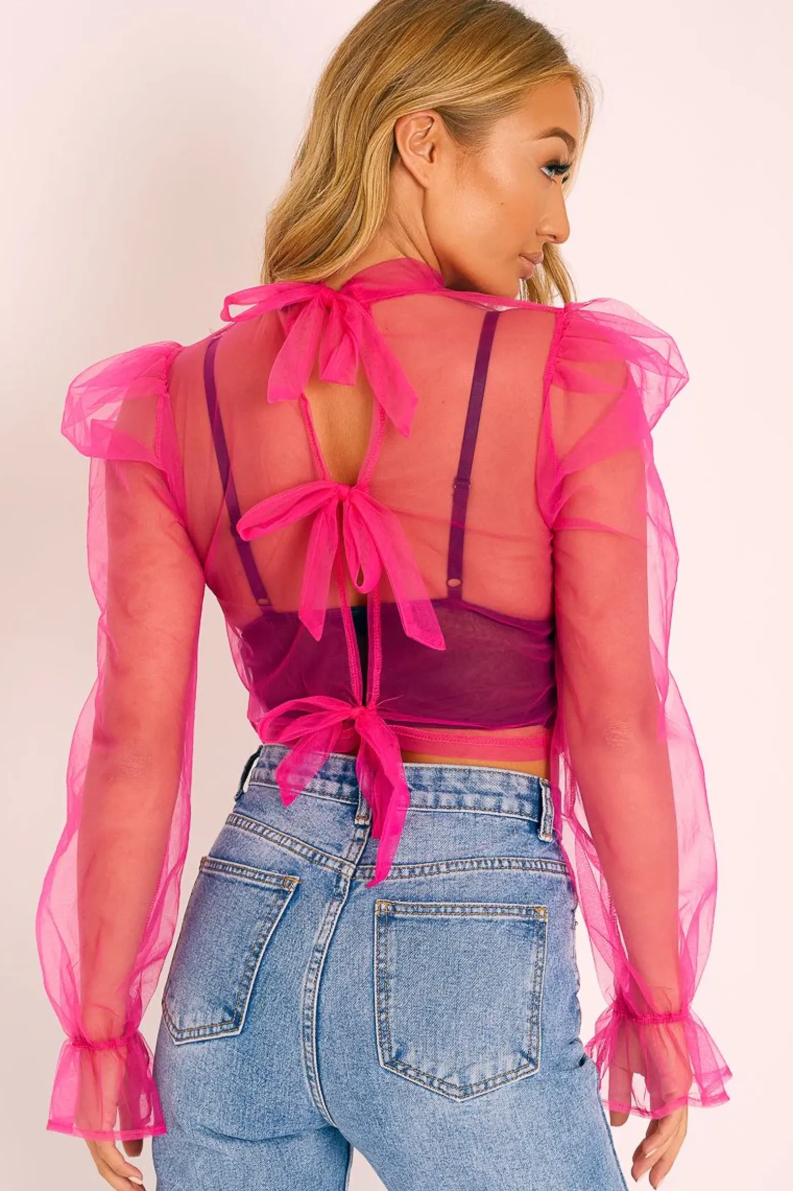 Rebellious Fashion Pink Mesh High Neck Open Back Blouse - Anthea