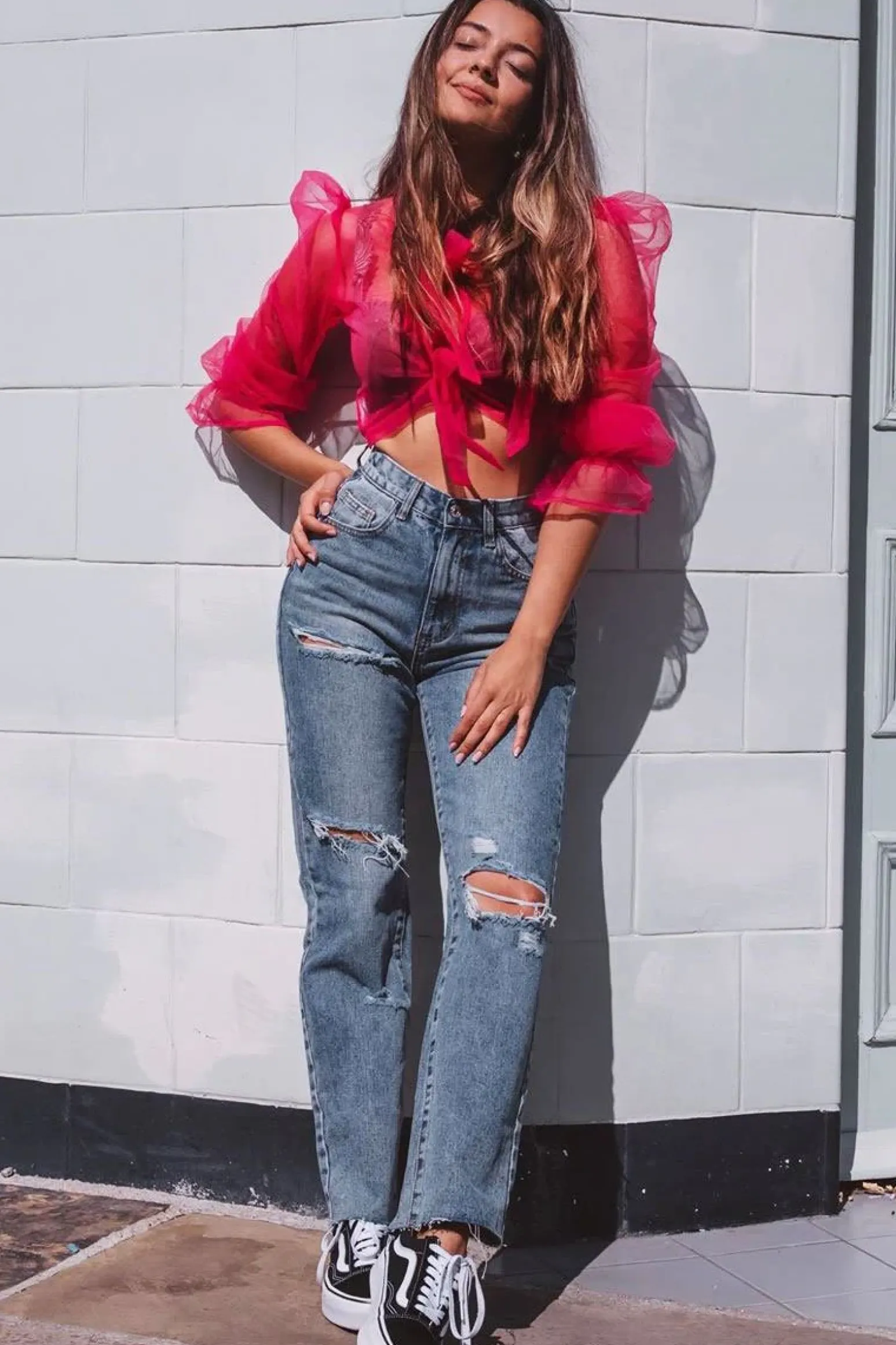 Rebellious Fashion Pink Mesh High Neck Open Back Blouse - Anthea