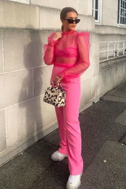 Rebellious Fashion Pink Mesh High Neck Open Back Blouse - Anthea